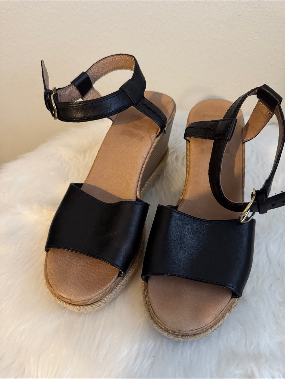 Sperry Black Espadrille Wedge Sandals with Ankle Strap